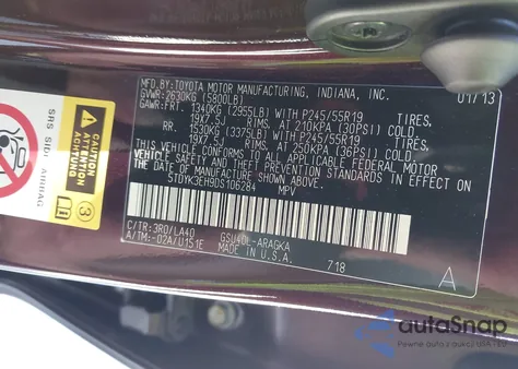 2013 Toyota Highlander Limited V6 z USA, uszkodzony, nr VIN 5TDYK3EH9DS106284